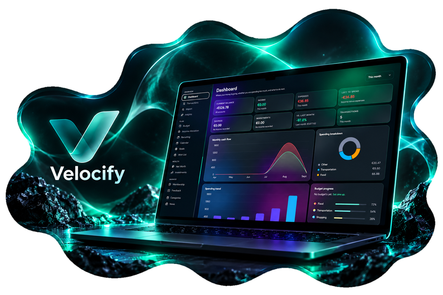 Velocify personal finance dashboard displayed on a laptop